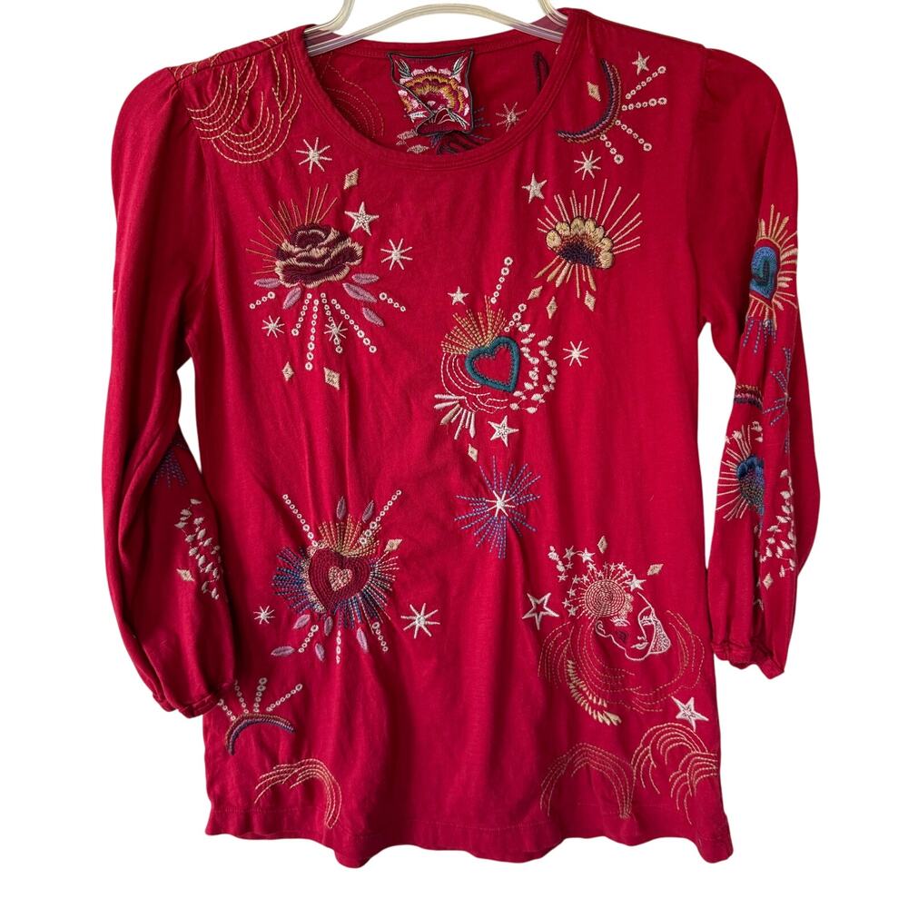Johnny Was Victoria Red Embroidered pullover shirt size XS - Picture 2 of 11